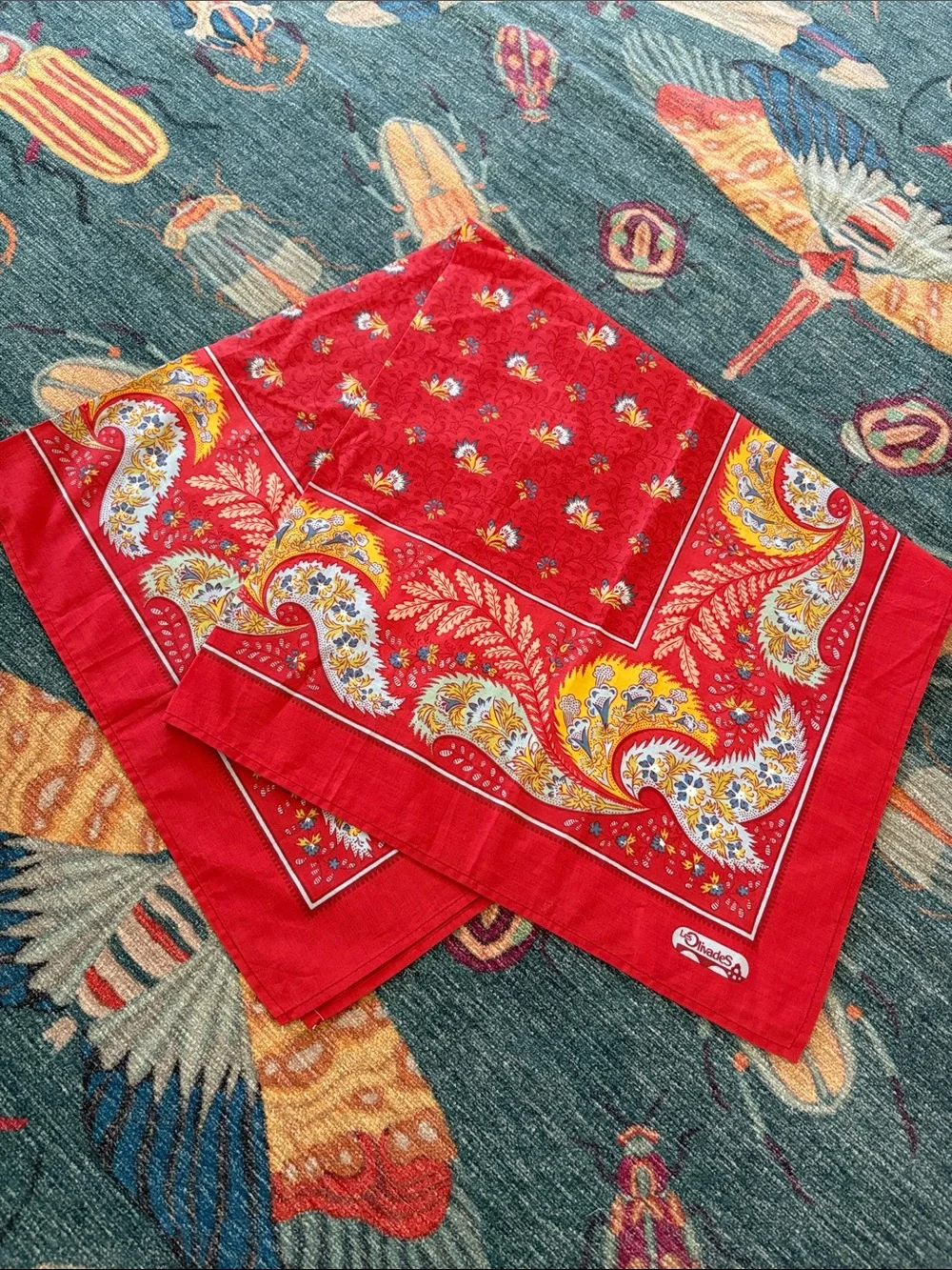 Beautiful Vintage Made in France Leather Olivades paisley cotton bandana
